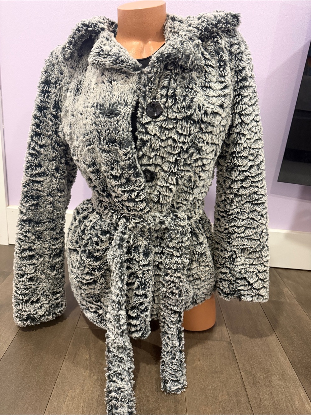 Plush Teddy Belted Jacket in Gray